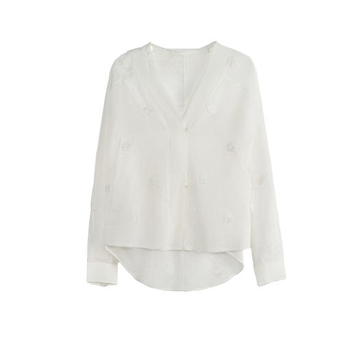 谜底V领提花衬衫长袖女2025秋季新款前短后长宽松衬衣257MC7834 商品图4