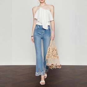 「自」全新升级【铂金会员201/天猫269/差价68】(63011)洛诗琳夏季薄款刺绣镂空微喇裤2025夏季弹力显瘦牛仔九分裤