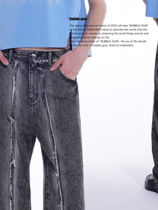 ASMEMMO咦哇•“气泡美式”水洗毛须微喇叭牛仔裤阔腿宽松直筒裤 商品图2