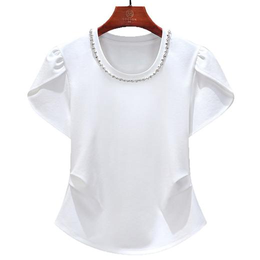 「自j」全新升级【铂金会员109/天猫149/差价40】(65242)洛诗琳时尚U领泡泡T恤2025夏装新款设计感镶钻捏褶修身上衣 商品图4