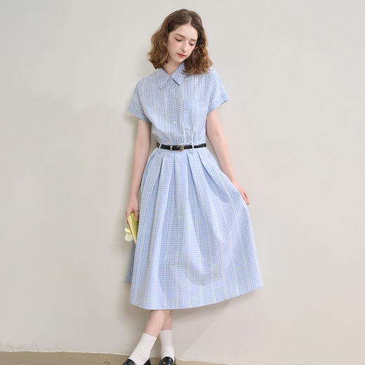 西遇学院风蓝色格纹短袖衬衫连衣裙女秋季收腰百褶长裙V2451101 商品图4