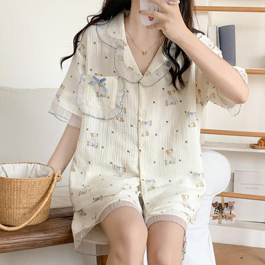 【薄款卡通纱布棉绸短袖】免穿文胸可外穿，云朵棉柔软亲肤，版型显瘦不挑身材，纯棉短袖女士薄款卡通纱布棉绸夏季家居服套装QQ 商品图9