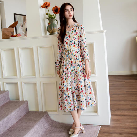 谜底两件式花色连衣裙长袖2025秋季新款复古桑蚕丝长裙257ML7790 商品图1