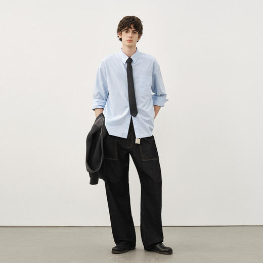 714street精梳高密纯棉微宽松蓝色长袖衬衫男女秋季新款miu系穿搭 商品图2