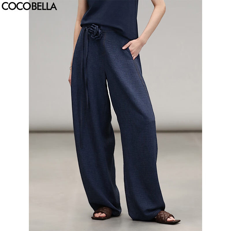 COCOBELLA牛仔色褶皱肌理休闲裤女春夏宽松直筒镰刀裤PA3076