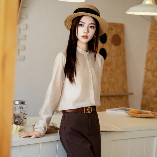 谜底天丝衬衫长袖女2025秋季新款通勤简约纯色圆领衬衣257MC7766 商品图2