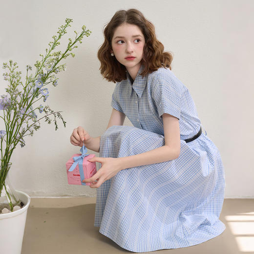 西遇学院风蓝色格纹短袖衬衫连衣裙女秋季收腰百褶长裙V2451101 商品图3