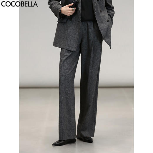 COCOBELLA格雷系捏褶千鸟格羊毛西裤女气质通勤直筒裤PA3015 商品图0