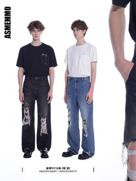 ASMEMMO咦哇•美式复古蓝色休闲破洞牛仔裤男夏季宽松高街长裤黑