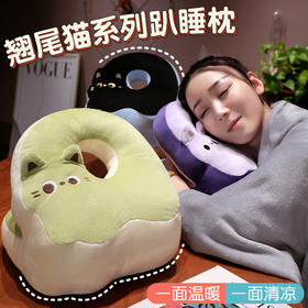 自然醒翘尾猫冰丝豆豆双面午睡枕学生桌上趴趴枕儿童抱枕办公室大人午休神器QYL