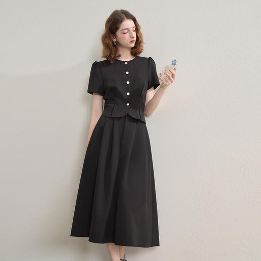 复古优雅珍珠扣套装女夏季圆领衬衫搭半身伞裙两件套V1250838 商品图2