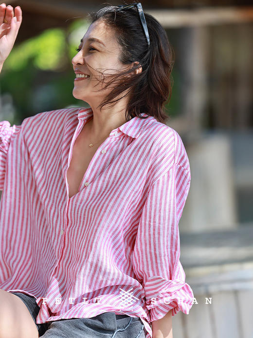 PETIT SCHAN小闪 CLO#859 Sinbad's Voyages 辛巴达航海记 一千零一夜系列色织纯亚麻度假感条纹长袖衬衫 商品图0