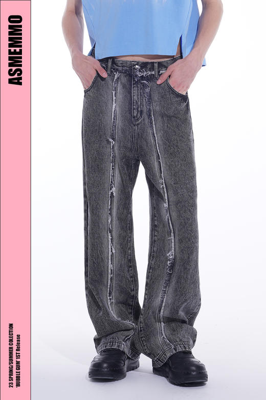 ASMEMMO咦哇•“气泡美式”水洗毛须微喇叭牛仔裤阔腿宽松直筒裤 商品图4