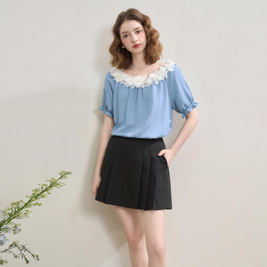 法式浪漫田园花瓣领插肩袖软牛仔衬衫女夏季宽松衬衣V1350837 商品图2