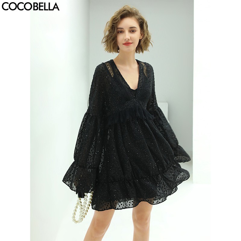 COCOBELLA璀若星河优雅提花亮片连衣裙女遮肉V领长袖娃娃裙FR88