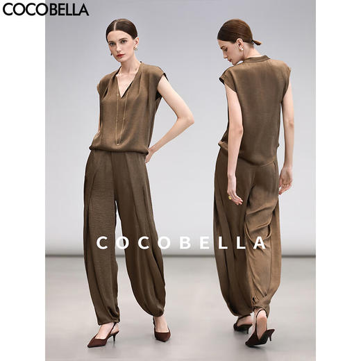 COCOBELLA奢感通勤商务肌理缎面休闲裤春夏高腰打褶灯笼裤PA3011 商品图0