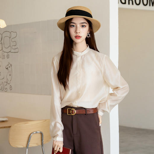 谜底天丝衬衫长袖女2025秋季新款通勤简约纯色圆领衬衣257MC7766 商品图1