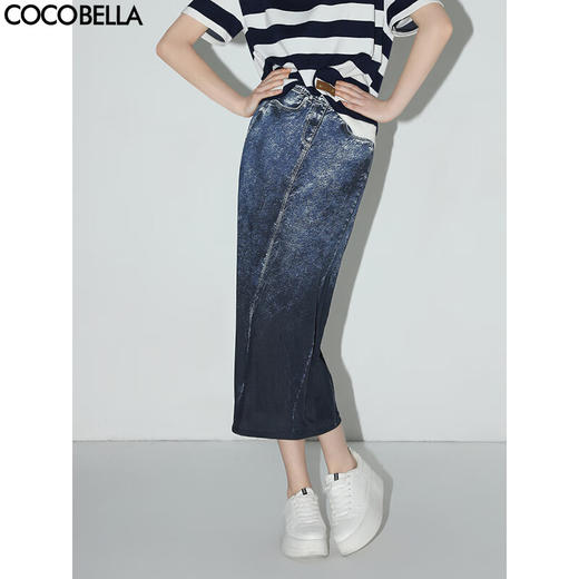 COCOBELLA设计师款手绘牛仔印花半身裙女弹力包臀裙HS112B 商品图0