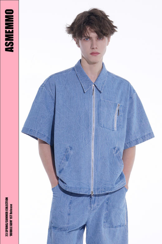 ASMEMMO咦哇•“岛屿蓝”水洗蓝色牛仔夹克外套夏季短袖套装男女 商品图4