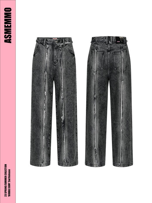ASMEMMO咦哇•“气泡美式”水洗毛须微喇叭牛仔裤阔腿宽松直筒裤 商品图3