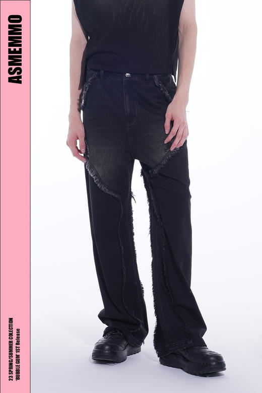 ASMEMMO咦哇•牛仔针织拼接长裤夏季黑色毛边直筒百搭休闲裤男潮 商品图5