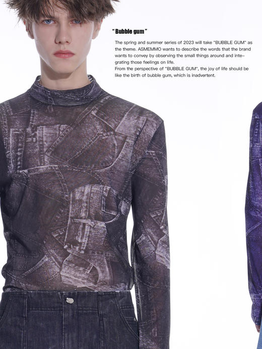 ASMEMMO咦哇•牛仔印花纤网长袖打底衫男小众印花设计感防晒T恤夏 商品图1