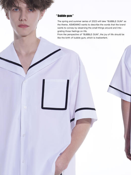 ASMEMMO咦哇•“海岛邮差”绒条撞色短袖衬衫夏季纯色口袋上衣男 商品图1