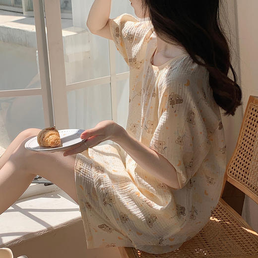 【薄款卡通纱布棉绸短袖】免穿文胸可外穿，云朵棉柔软亲肤，版型显瘦不挑身材，纯棉短袖女士薄款卡通纱布棉绸夏季家居服套装QQ 商品图1