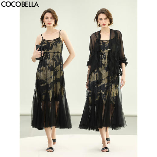 COCOBELLA新中式水墨晕染烫金连衣裙多裁片拼接吊带裙FR3198 商品图0