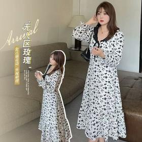 【诗铭洛可】W772碎花连衣裙复古木耳边抽绳碎花裙A9-4