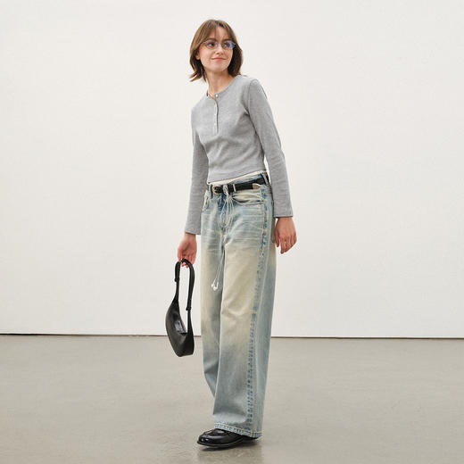 714street薄款华夫格亨利领长袖T恤女2025秋冬新款打底衫日系上衣 商品图3