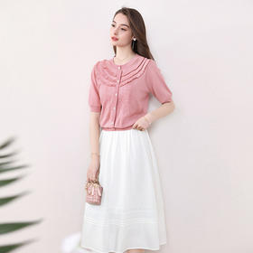 全新升级【铂金会员183/天猫239/差价56】(72655)洛诗琳设计感荷叶边短袖针织衫女夏季2025新款气质宽松上衣