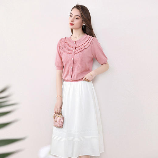 全新升级【铂金会员183/天猫239/差价56】(72655)洛诗琳设计感荷叶边短袖针织衫女夏季2025新款气质宽松上衣 商品图0