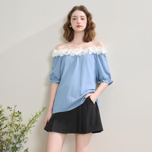 法式浪漫田园花瓣领插肩袖软牛仔衬衫女夏季宽松衬衣V1350837 商品图0
