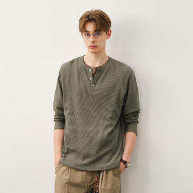 714street薄款华夫格亨利领长袖T恤男2025秋冬新款打底衫日系上衣