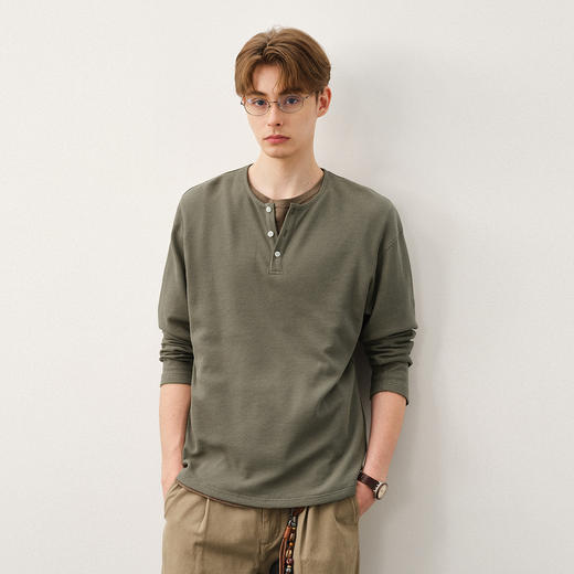 714street薄款华夫格亨利领长袖T恤男2025秋冬新款打底衫日系上衣 商品图0