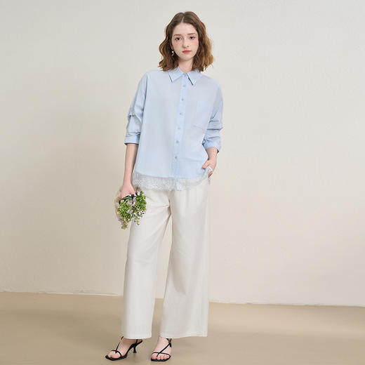西遇蕾丝花边拼接通勤衬衫女秋季宽松显瘦设计感衬衣V2551108 商品图1