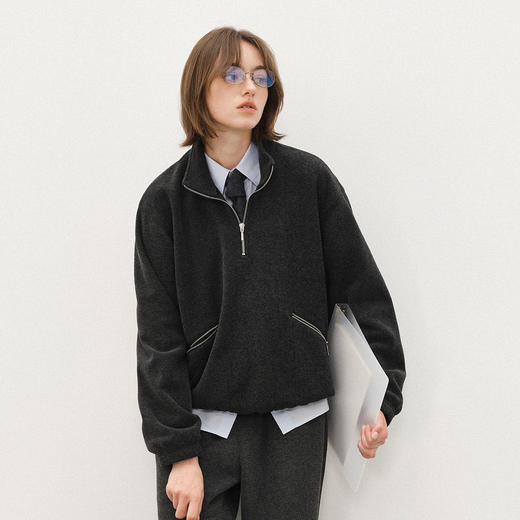 714street老钱风穿搭上衣秋冬新款银狐绒毛巾料半拉链立领卫衣男 商品图0