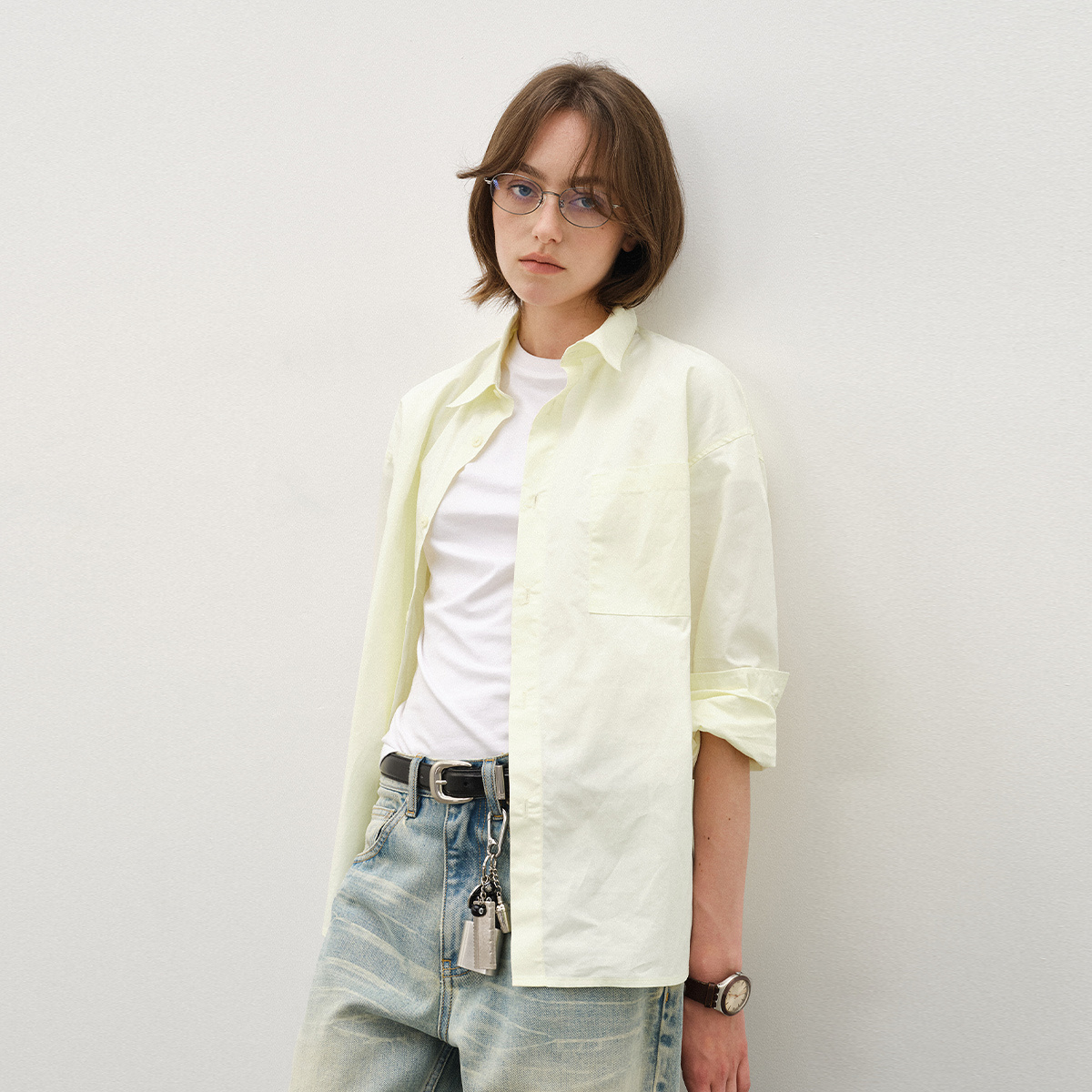 714street精梳高密纯棉微宽松蓝色长袖衬衫男女秋季新款miu系穿搭