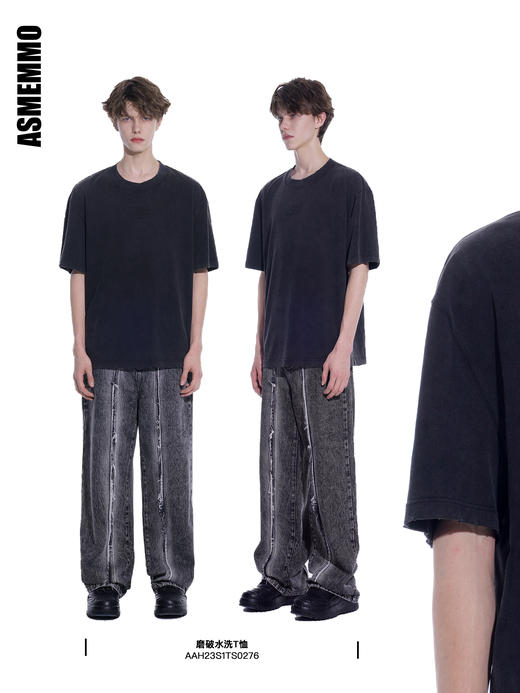 启世录TIWILLTANG“朦灰磨破”水洗黑色潮流T恤圆领打底衫夏季百搭短袖男 商品图0