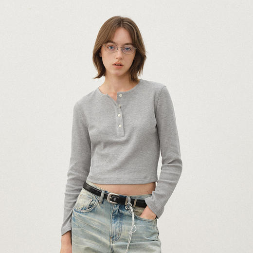 714street薄款华夫格亨利领长袖T恤女2025秋冬新款打底衫日系上衣 商品图0