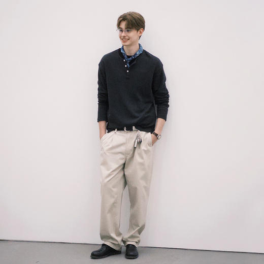 714street薄款华夫格亨利领长袖T恤男2025秋冬新款打底衫日系上衣 商品图2