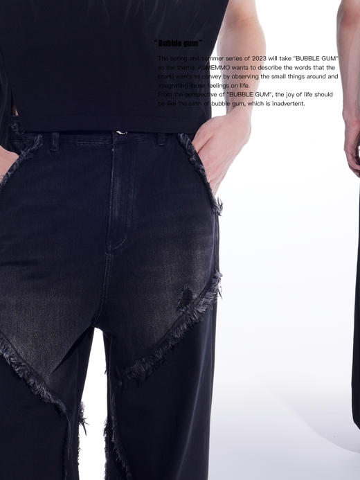 ASMEMMO咦哇•牛仔针织拼接长裤夏季黑色毛边直筒百搭休闲裤男潮 商品图1