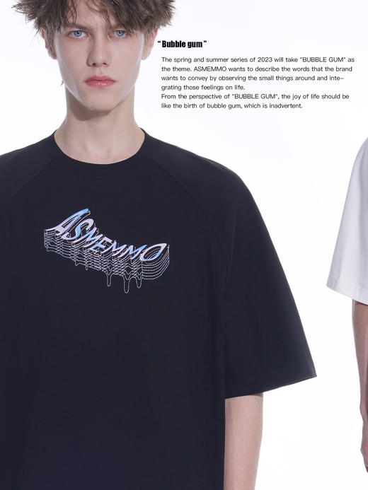 ASMEMMO咦哇•幻像重叠logo印绣花T恤男夏季简约纯色打底短袖潮流 商品图1