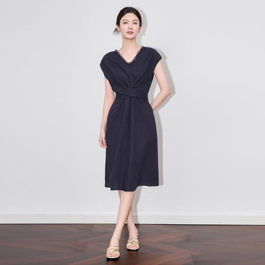 「高货wl」全新升级【铂金会员358/天猫479/差价121】(64757)洛诗琳法式气质钉珠连衣裙2025夏季不规则收腰显瘦系带裙 商品图1