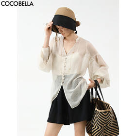 COCOBELLA新中式手工盘扣肌理感V领衬衫立领微透视开衫SR3081