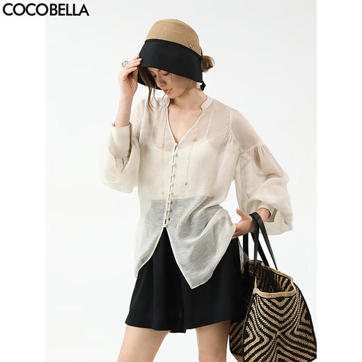 COCOBELLA新中式手工盘扣肌理感V领衬衫立领微透视开衫SR3081 商品图0