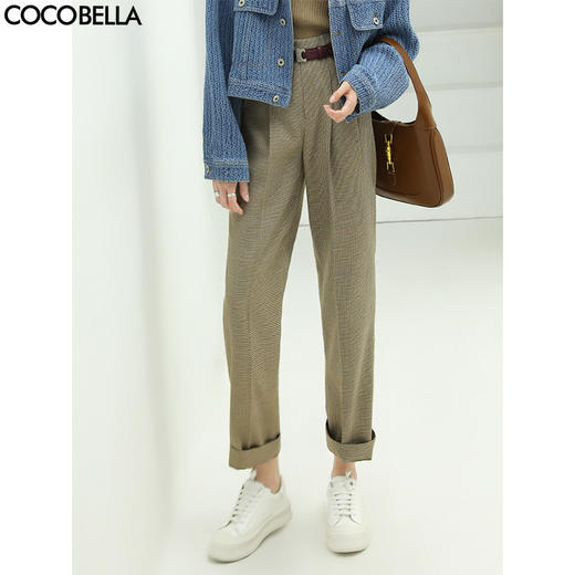 COCOBELLA千鸟格高腰打褶休闲裤女时尚通勤OL直筒西装裤PA67 商品图0