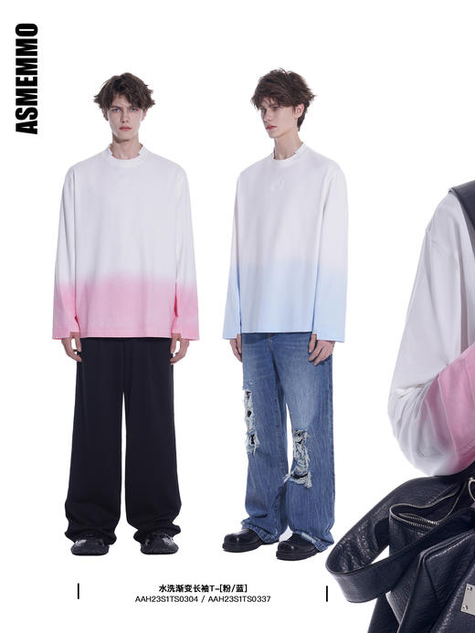 启世录TIWILLTANG•“糖水日记 ”夏日多巴胺水洗蓝粉白色渐变长袖T恤 商品图0