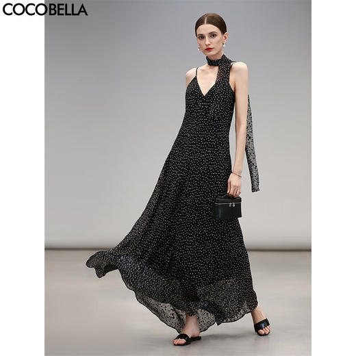 COCOBELLA设计感领巾复古波点吊带裙烧花肌理感连衣裙FR0063 商品图0